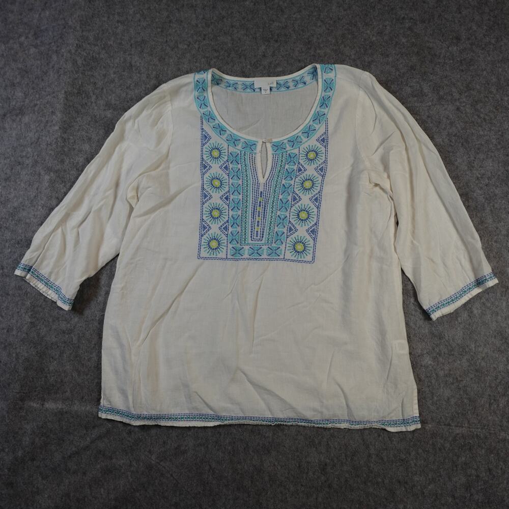J. Jill Top Womens Medium Embroidered 3/4 Sleeve Popover Linen Blend Beachy